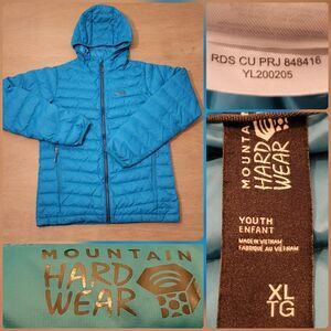 Mountain Hardwear Jacket Youth Size XL Blue Quilted Down Puffer Coat Hood Flaw